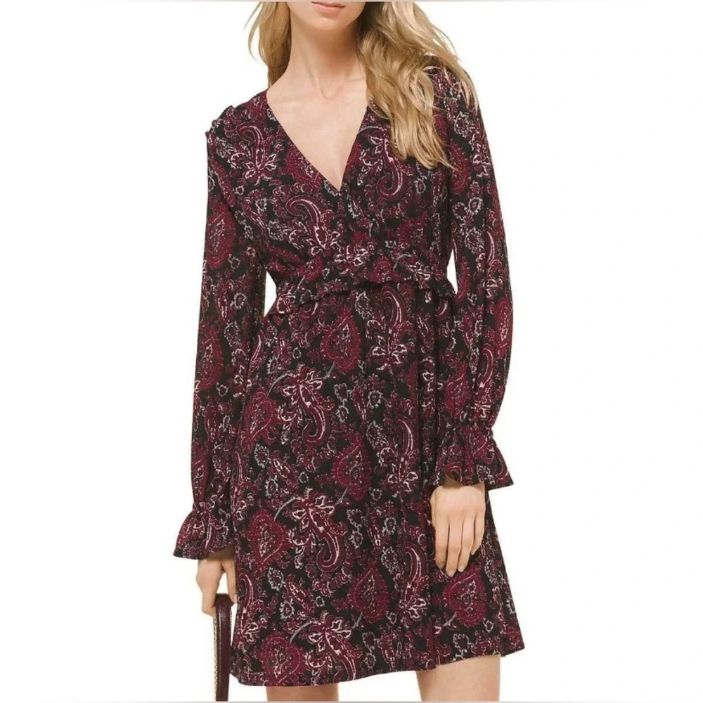 Michael Kors Elegant Black and Burgundy Paisley Dress